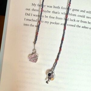 Hand Crafted Beaded Bookmark Metal Heart Cookie Charm Gunmetal & Pink Beads